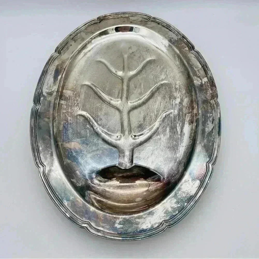 Vintage Crescent Silver Silverplate Oval Tree Meat Platter with Feet #3055